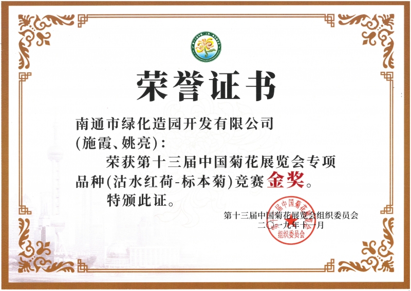 十三屆中國菊花展覽會專項品種（沽水紅荷-標本菊）競賽金獎（施霞、姚亮）